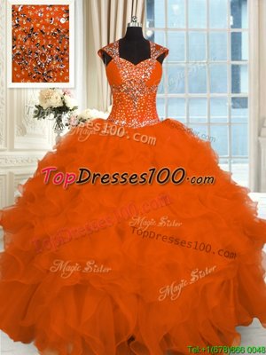 Charming Sleeveless Organza Floor Length Zipper Vestidos de Quinceanera in Coral Red for with Beading and Ruffles