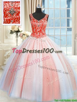 Cheap V-neck Sleeveless Sweet 16 Dresses Floor Length Beading and Sequins Multi-color Tulle