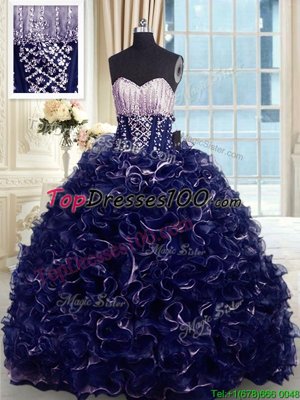 Sweetheart Sleeveless Organza 15 Quinceanera Dress Beading and Ruffles Brush Train Lace Up