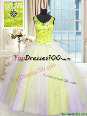 Deluxe Sequins Floor Length Multi-color Quince Ball Gowns V-neck Sleeveless Lace Up