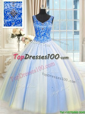 Sequins Floor Length Ball Gowns Sleeveless Blue And White Sweet 16 Dresses Lace Up