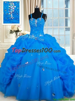Blue Lace Up Spaghetti Straps Beading and Pick Ups Ball Gown Prom Dress Organza Sleeveless