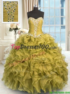 Spectacular Brown Sweetheart Lace Up Beading and Ruffles Quince Ball Gowns Sleeveless