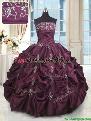 Beautiful Beading and Appliques and Embroidery and Pick Ups 15th Birthday Dress Burgundy Lace Up Sleeveless Floor Length