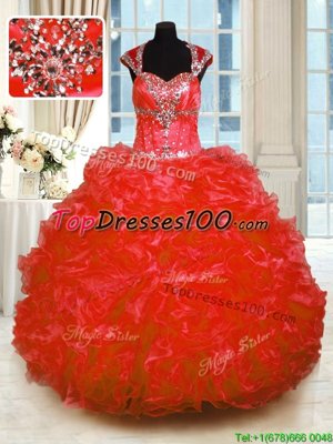 Red Straps Lace Up Beading and Ruffles Sweet 16 Dress Cap Sleeves
