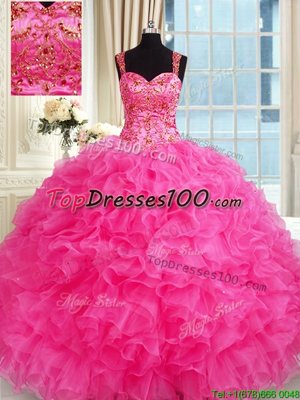 Hot Pink Organza Lace Up Quinceanera Gowns Sleeveless Floor Length Embroidery and Ruffles
