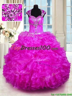 Deluxe Fuchsia Organza Lace Up Straps Cap Sleeves Floor Length Vestidos de Quinceanera Beading and Ruffles