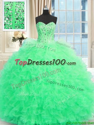 Fine Apple Green Ball Gowns Sweetheart Sleeveless Tulle Floor Length Lace Up Beading and Ruffles 15 Quinceanera Dress