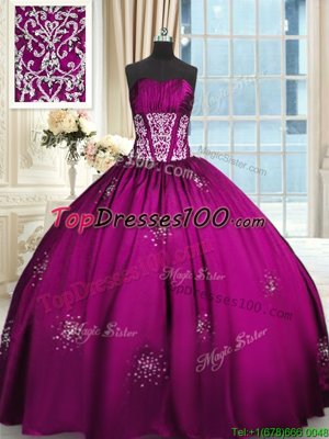 Fine Sleeveless Floor Length Beading and Appliques and Ruching Lace Up 15 Quinceanera Dress with Fuchsia
