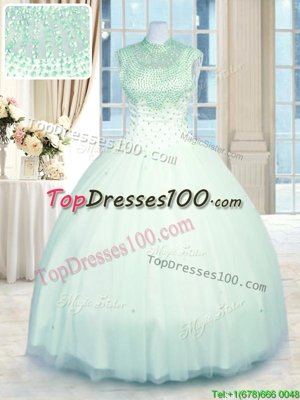 Nice Apple Green Ball Gowns Tulle High-neck Sleeveless Beading Floor Length Zipper Quinceanera Dresses