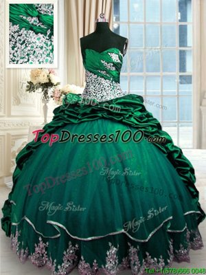 Gorgeous Sleeveless Taffeta Brush Train Lace Up Vestidos de Quinceanera in Dark Green for with Beading and Appliques and Pick Ups