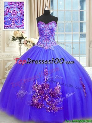 Extravagant Blue Ball Gowns Tulle Sweetheart Sleeveless Embroidery Floor Length Lace Up Sweet 16 Dress