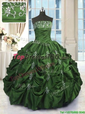 Noble Floor Length Lace Up Quinceanera Dresses Green and In for Military Ball and Sweet 16 and Quinceanera with Beading and Appliques and Embroidery and Pick Ups