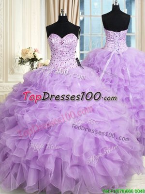 Dramatic Organza Sleeveless Floor Length 15th Birthday Dress and Beading and Ruffles