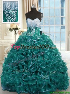 Turquoise Tulle Lace Up Quinceanera Dress Sleeveless Floor Length Appliques