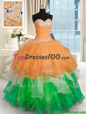 Spectacular Fuchsia Sleeveless Beading and Ruffles Floor Length Sweet 16 Quinceanera Dress