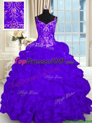 Sleeveless Brush Train Beading and Embroidery and Ruffles and Pick Ups Lace Up Sweet 16 Quinceanera Dress