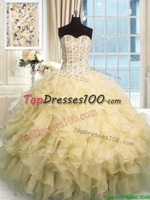 Affordable Champagne Ball Gowns Organza Sweetheart Sleeveless Beading and Ruffles Floor Length Lace Up Quinceanera Dresses