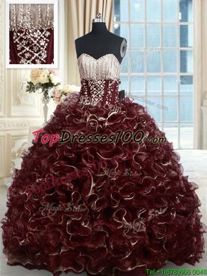 Organza Sweetheart Sleeveless Brush Train Lace Up Beading and Ruffles Sweet 16 Dress in Brown