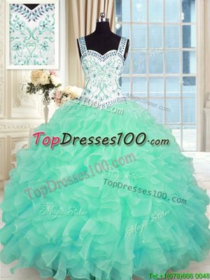 Sleeveless Floor Length Beading and Appliques and Ruffles Lace Up Sweet 16 Dresses with Turquoise
