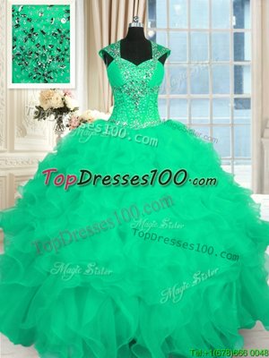 Sophisticated Coral Red Ball Gowns V-neck Short Sleeves Organza Floor Length Lace Up Appliques Sweet 16 Dress