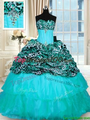 Aqua Blue Lace Up Strapless Beading and Ruffled Layers Ball Gown Prom Dress Organza and Printed Sleeveless Sweep Train