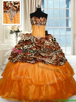 Fancy Printed Orange Ball Gown Prom Dress Military Ball and Sweet 16 and Quinceanera and For with Beading and Ruffled Layers Strapless Sleeveless Sweep Train Lace Up