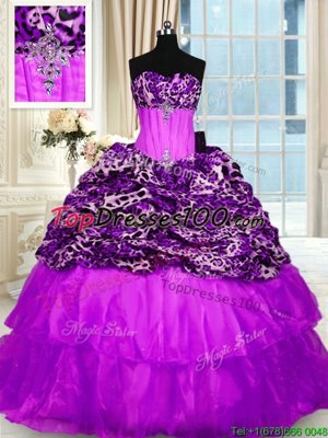 Modest Ruffled Sweep Train Ball Gowns Quinceanera Dresses Purple Strapless Organza and Printed Sleeveless Lace Up