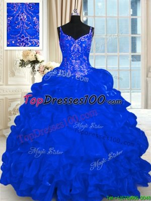 Custom Designed Royal Blue Lace Up Spaghetti Straps Beading and Embroidery and Ruffles and Pick Ups Quinceanera Dresses Organza Sleeveless Brush Train