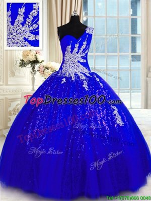 Lovely One Shoulder Tulle and Sequined Sleeveless Floor Length Sweet 16 Quinceanera Dress and Appliques