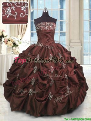 Glittering Burgundy Strapless Neckline Beading and Appliques and Embroidery and Pick Ups Quinceanera Dresses Sleeveless Lace Up