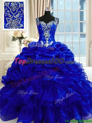 Royal Blue Ball Gowns Straps Sleeveless Organza Floor Length Lace Up Beading and Ruffles and Pick Ups Sweet 16 Dresses
