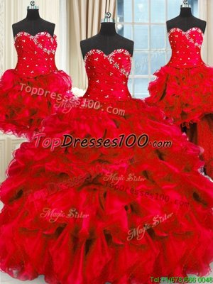 Four Piece Red Sleeveless Floor Length Beading and Ruffles and Ruching Lace Up Quinceanera Dresses