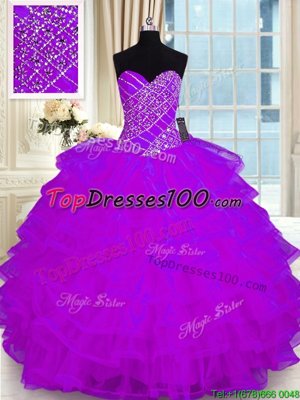 Comfortable Ruffled Sweetheart Sleeveless Lace Up Sweet 16 Dress Purple Organza