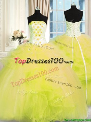 Dramatic Sleeveless Floor Length Beading and Ruffles Lace Up Quinceanera Gown with Yellow Green