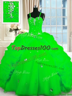 Flare Organza Sleeveless Floor Length 15th Birthday Dress and Beading and Pick Ups