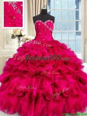 Hot Pink Sweetheart Neckline Beading and Ruffles Sweet 16 Dresses Sleeveless Lace Up