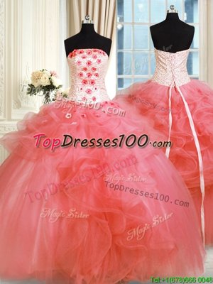 Sumptuous Watermelon Red Quince Ball Gowns Military Ball and Sweet 16 and Quinceanera and For with Pick Ups and Hand Made Flower Strapless Sleeveless Lace Up