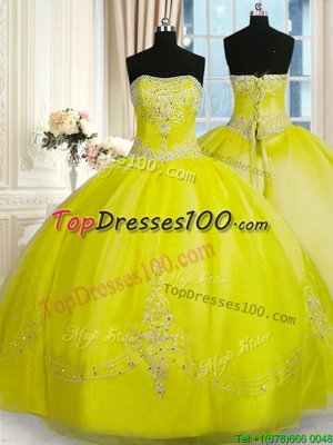 Romantic Yellow Green Lace Up Strapless Beading and Embroidery Sweet 16 Dresses Organza Sleeveless