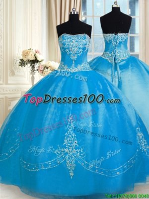 Discount Blue Ball Gowns Strapless Sleeveless Tulle Floor Length Lace Up Pick Ups and Hand Made Flower Quinceanera Gown