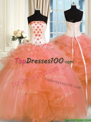 Sweet Orange Ball Gowns Pick Ups and Hand Made Flower Sweet 16 Dress Lace Up Tulle Sleeveless Floor Length