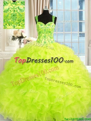 Beading and Embroidery and Ruffles Quince Ball Gowns Yellow Green Lace Up Sleeveless Floor Length
