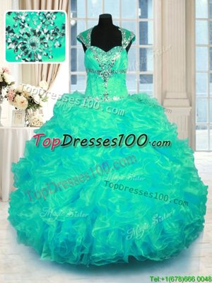 Turquoise Cap Sleeves Organza Lace Up Quince Ball Gowns for Military Ball and Sweet 16 and Quinceanera