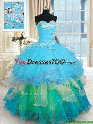 Sophisticated Light Blue Ball Gowns Beading and Ruffles Quinceanera Gowns Lace Up Organza Sleeveless Floor Length