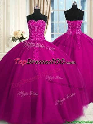 Beauteous Fuchsia Sweet 16 Quinceanera Dress Military Ball and Sweet 16 and Quinceanera and For with Appliques and Embroidery Sweetheart Sleeveless Lace Up