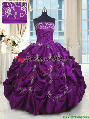 Eggplant Purple Strapless Lace Up Beading and Appliques and Embroidery and Pick Ups Sweet 16 Quinceanera Dress Sleeveless