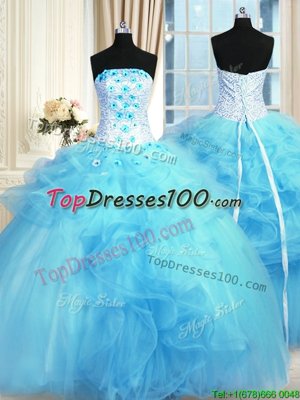 Sleeveless Floor Length Pick Ups and Hand Made Flower Lace Up 15 Quinceanera Dress with Baby Blue