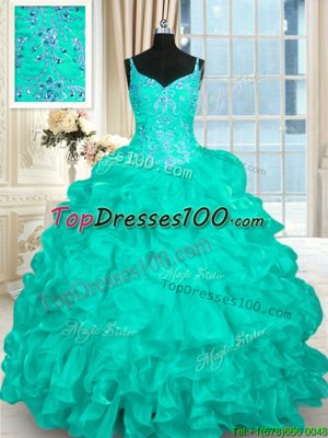 Clearance Turquoise Spaghetti Straps Neckline Beading and Ruffles Sweet 16 Quinceanera Dress Sleeveless Lace Up