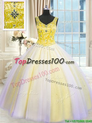 Custom Made Multi-color Ball Gowns Tulle V-neck Sleeveless Beading and Sequins Floor Length Lace Up Sweet 16 Dresses
