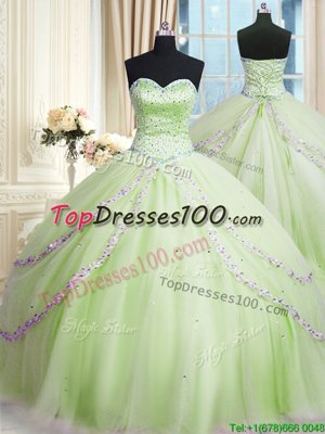 Sweetheart Sleeveless Tulle Quinceanera Gown Beading and Appliques Court Train Lace Up